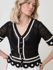Threadbare Black Crochet Flower Hem Button Up Top - Image 4 of 4