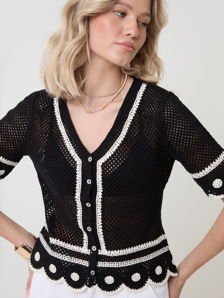 Threadbare Black Crochet Flower Hem Button Up Top - Image 4 of 4