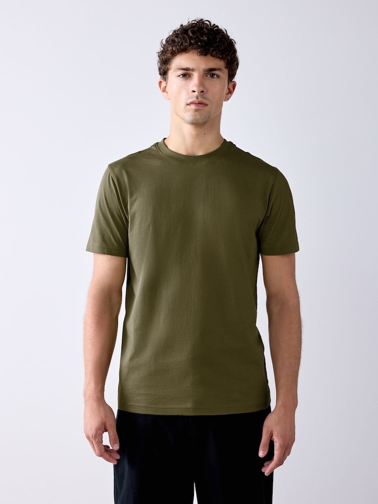 Army Green Slim Fit Essential Crew Neck Cotton T-Shirt - Image 1 of 7