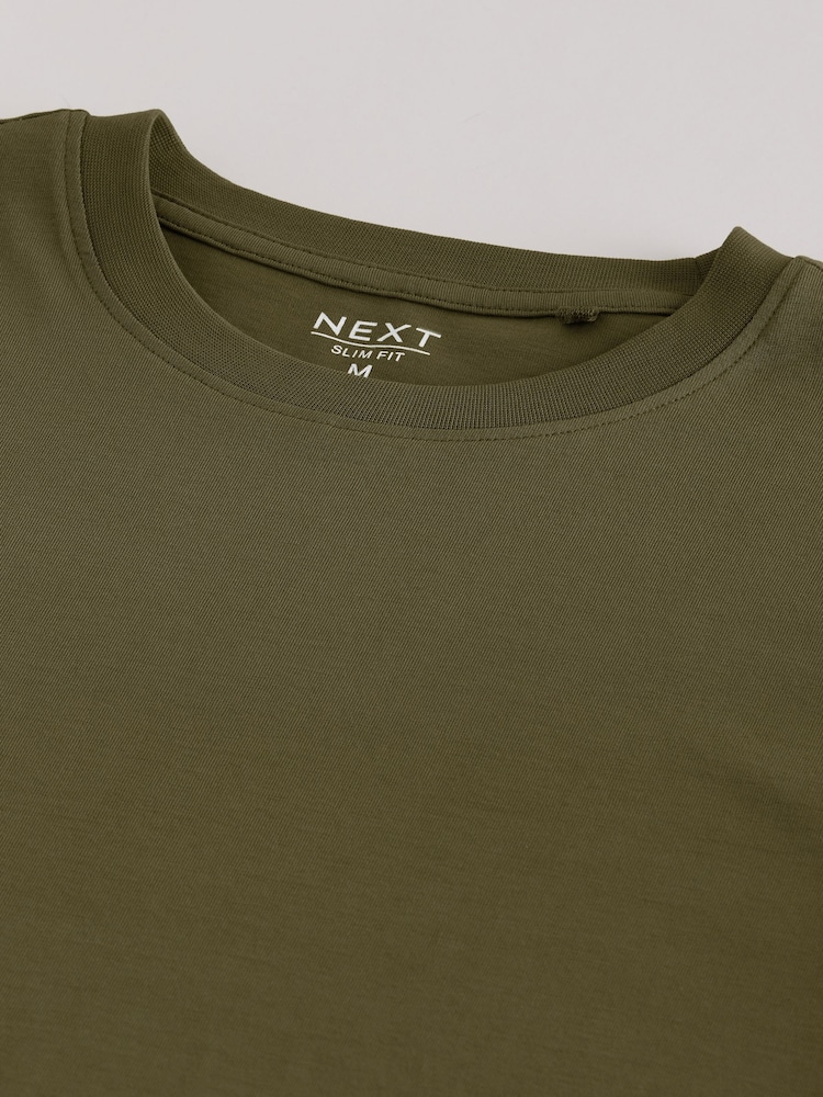 Army Green Slim Fit Essential Crew Neck Cotton T-Shirt - Image 7 of 7