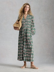 White Stuff Green Ada Shirred Jersey Dress - Image 1 of 6