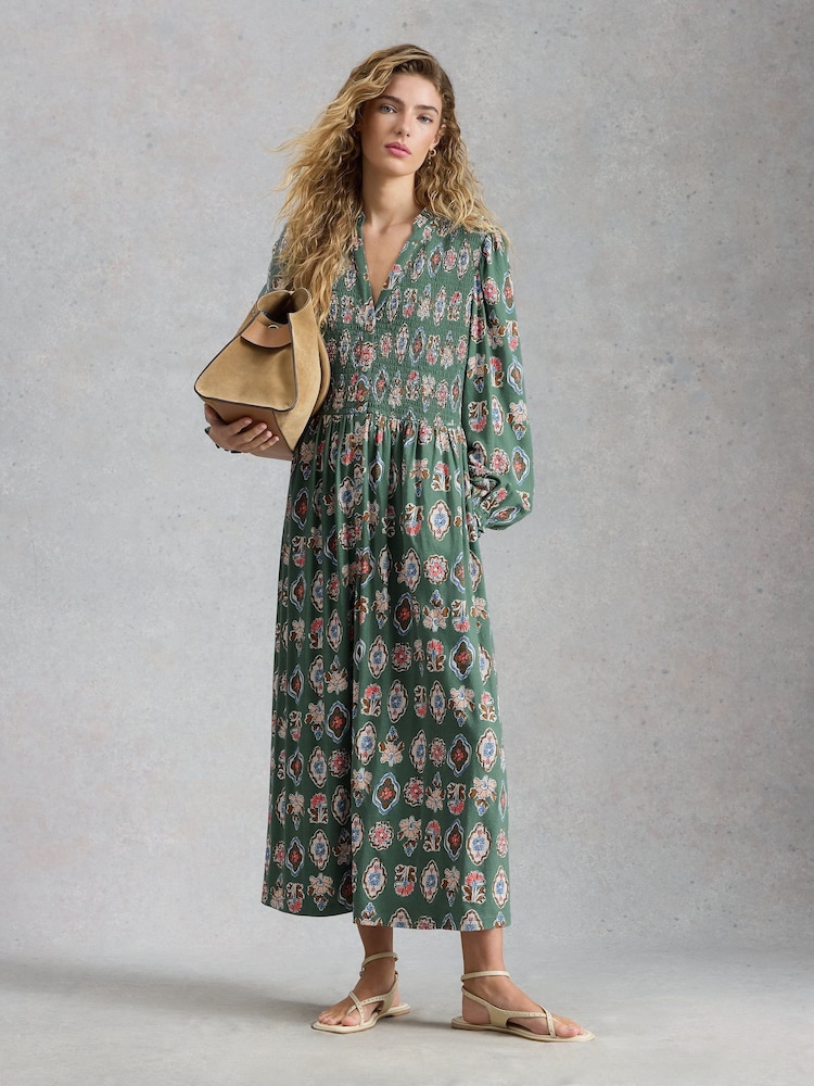 White Stuff Green Ada Shirred Jersey Dress - Image 1 of 6