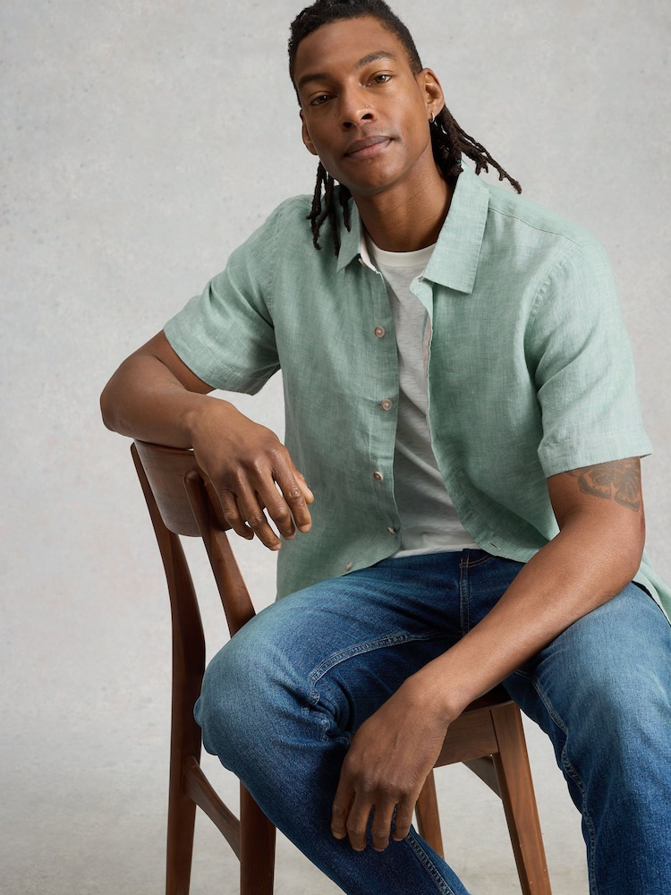 White Stuff Green Keswick Short Sleeve Linen Shirt - Image 1 of 6
