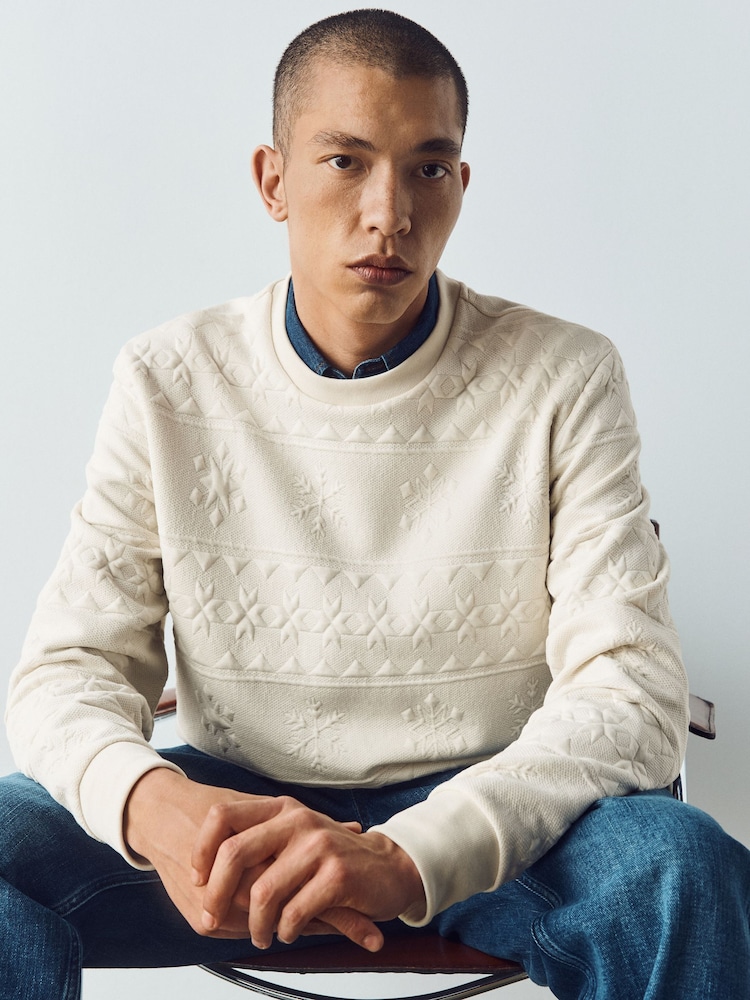 Ecru Neutral Christmas Jaquard Crew Sweatshirt - Image 1 of 5 Ecru Neutral Christmas Jaquard Crew Sweatshirt - Image 1 of 5