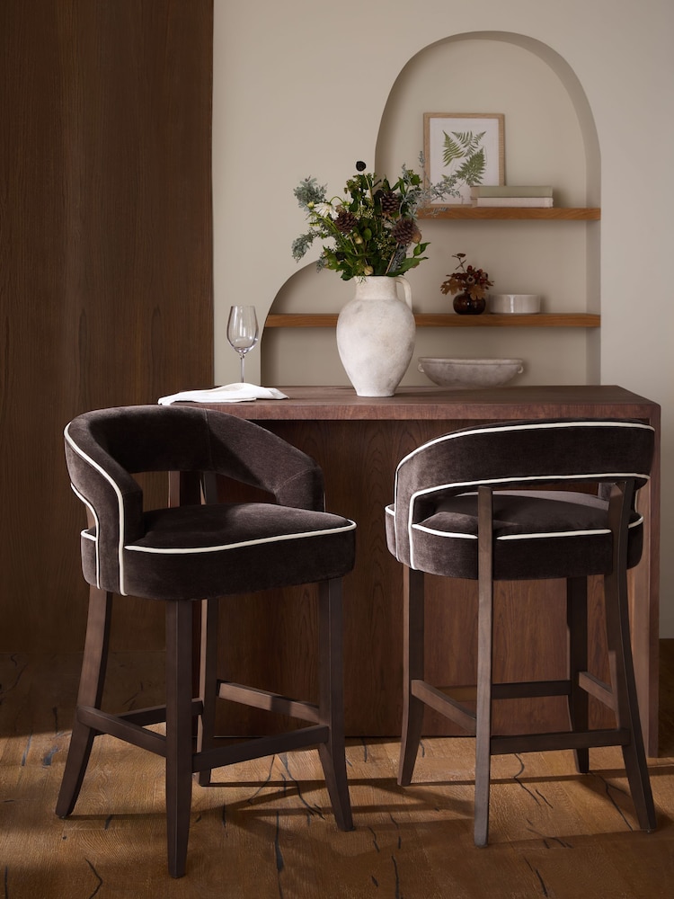 Relaxed Chenille Chocolate Brown Dark Wood Leg Remi Bar Stool - Image 1 of 8 Relaxed Chenille Chocolate Brown Dark Wood Leg Remi Bar Stool - Image 1 of 8