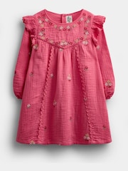 JoJo Maman Bébé Rust Orange Floral Cross Stitch Ruffle Sleeve Dress - Image 1 of 4