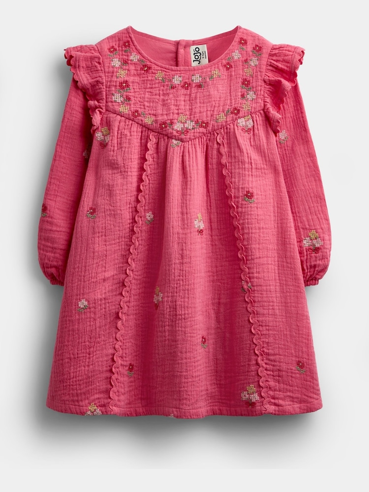 JoJo Maman Bébé Rust Orange Floral Cross Stitch Ruffle Sleeve Dress - Image 1 of 4 JoJo Maman Bébé Rust Orange Floral Cross Stitch Ruffle Sleeve Dress - Image 1 of 4