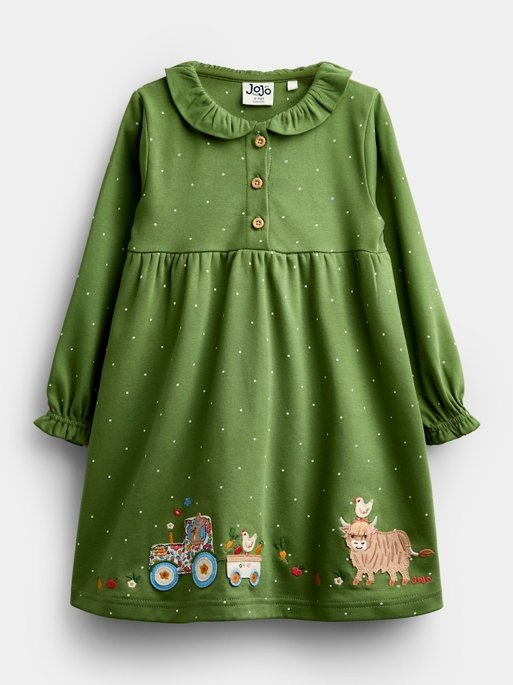 Jojo Maman Bébé Khaki Green Farm Appliqué Button Front Dress - Image 1 of 4 Jojo Maman Bébé Khaki Green Farm Appliqué Button Front Dress - Image 1 of 4