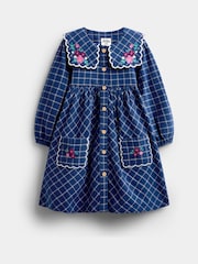 JoJo Maman Bébé Navy Blue Floral Embroidered Check Collar Dress - Image 1 of 4