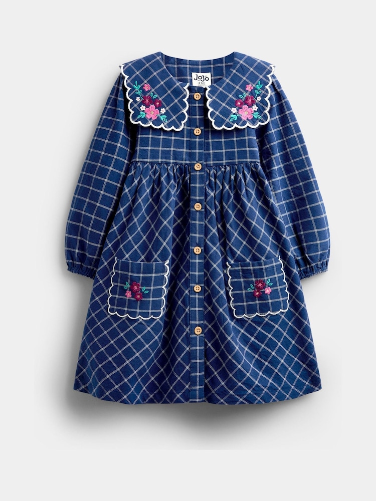 JoJo Maman Bébé Navy Blue Floral Embroidered Check Collar Dress - Image 1 of 4 JoJo Maman Bébé Navy Blue Floral Embroidered Check Collar Dress - Image 1 of 4