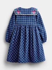JoJo Maman Bébé Navy Blue Floral Embroidered Check Collar Dress - Image 2 of 4
