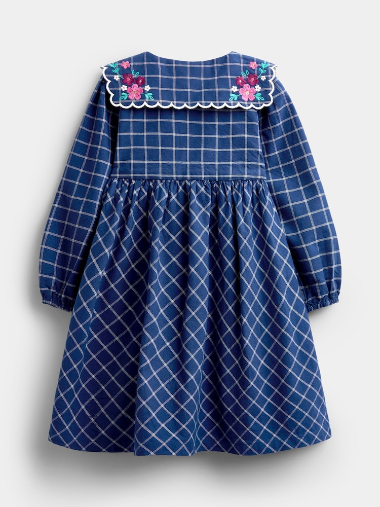 JoJo Maman Bébé Navy Blue Floral Embroidered Check Collar Dress - Image 2 of 4 JoJo Maman Bébé Navy Blue Floral Embroidered Check Collar Dress - Image 2 of 4