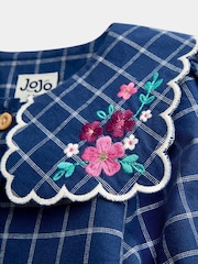 JoJo Maman Bébé Navy Blue Floral Embroidered Check Collar Dress - Image 3 of 4