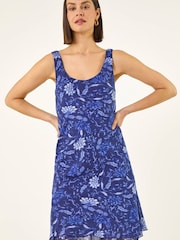 Roman Blue Floral Print Double Layer Dress - Image 2 of 5