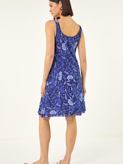 Roman Blue Floral Print Double Layer Dress - Image 3 of 5