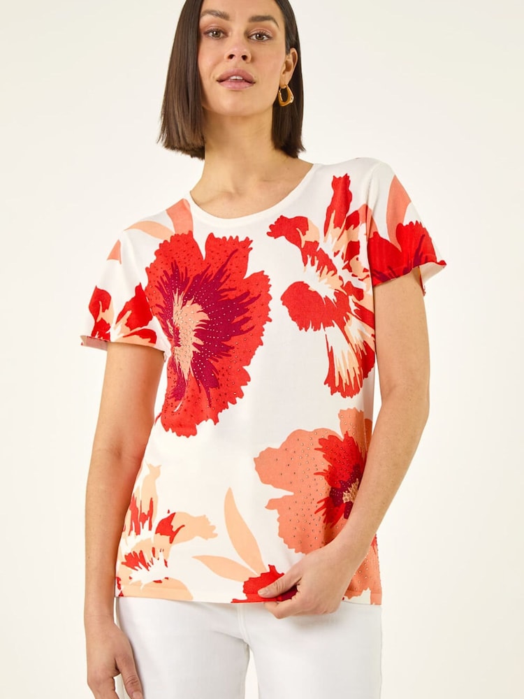Roman Orange Floral Print Embellished Knit Top - Image 2 of 5