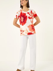 Roman Orange Floral Print Embellished Knit Top - Image 4 of 5