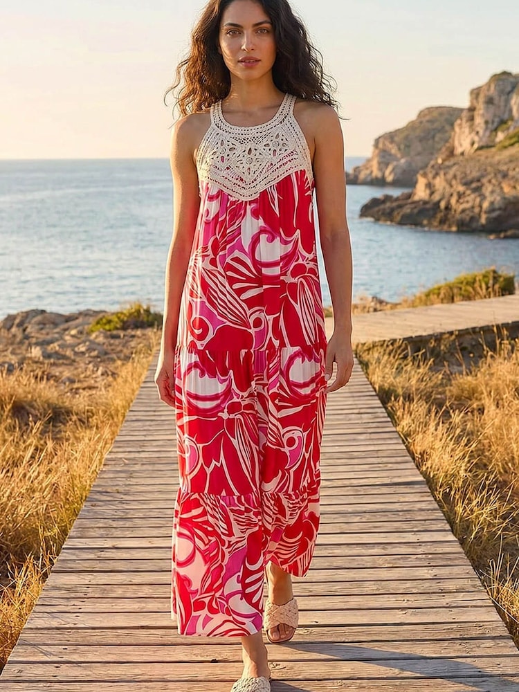 Roman Red Abstract Crochet Midi Dress - Image 1 of 5