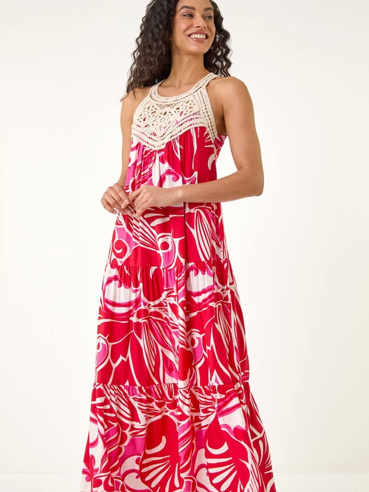 Roman Red Abstract Crochet Midi Dress - Image 2 of 5