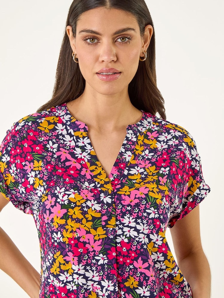 Roman Pink Floral Print Stretch Shirt - Image 1 of 5 Roman Pink Floral Print Stretch Shirt - Image 1 of 5