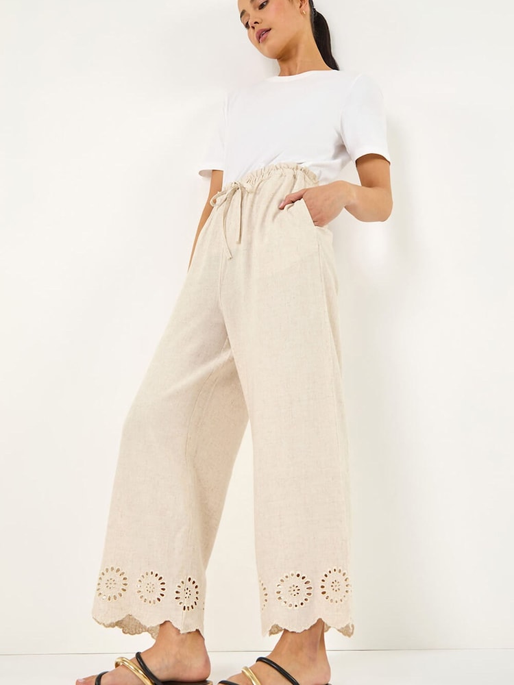 Roman Natural Petite Embroidered Hem Trousers - Image 1 of 5 Roman Natural Petite Embroidered Hem Trousers - Image 1 of 5