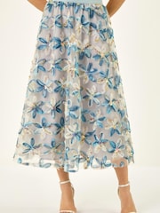 Roman Blue Textured Mesh Floral Midi Skirt - Image 1 of 5