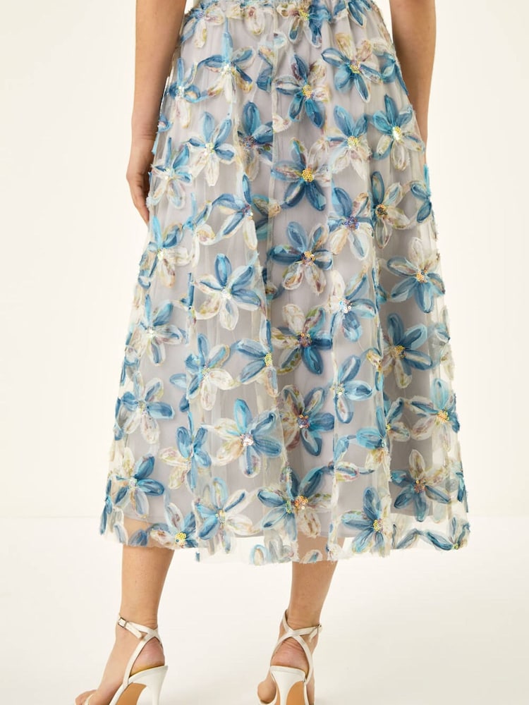 Roman Blue Textured Mesh Floral Midi Skirt - Image 2 of 5