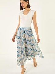 Roman Blue Textured Mesh Floral Midi Skirt - Image 3 of 5