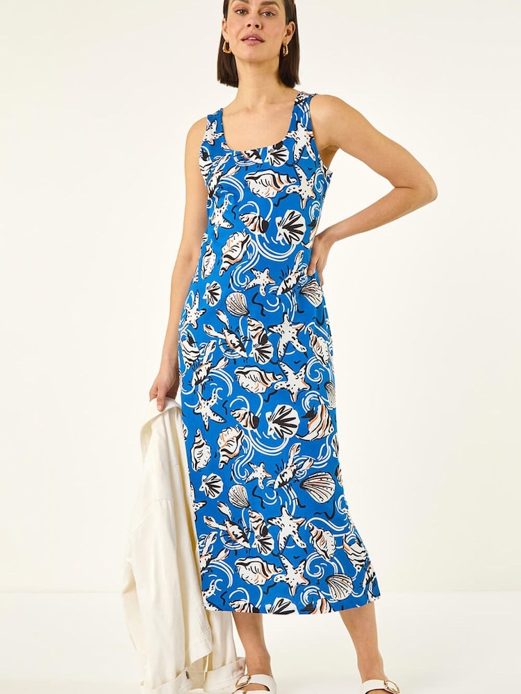 Roman Blue Shell Print Midi Dress - Image 1 of 5