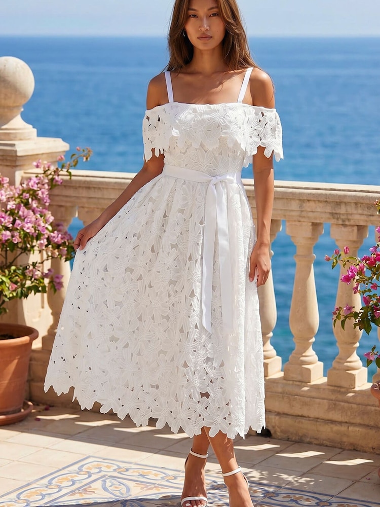 Roman White Crochet Lace Bardot Midi Dress - Image 1 of 6