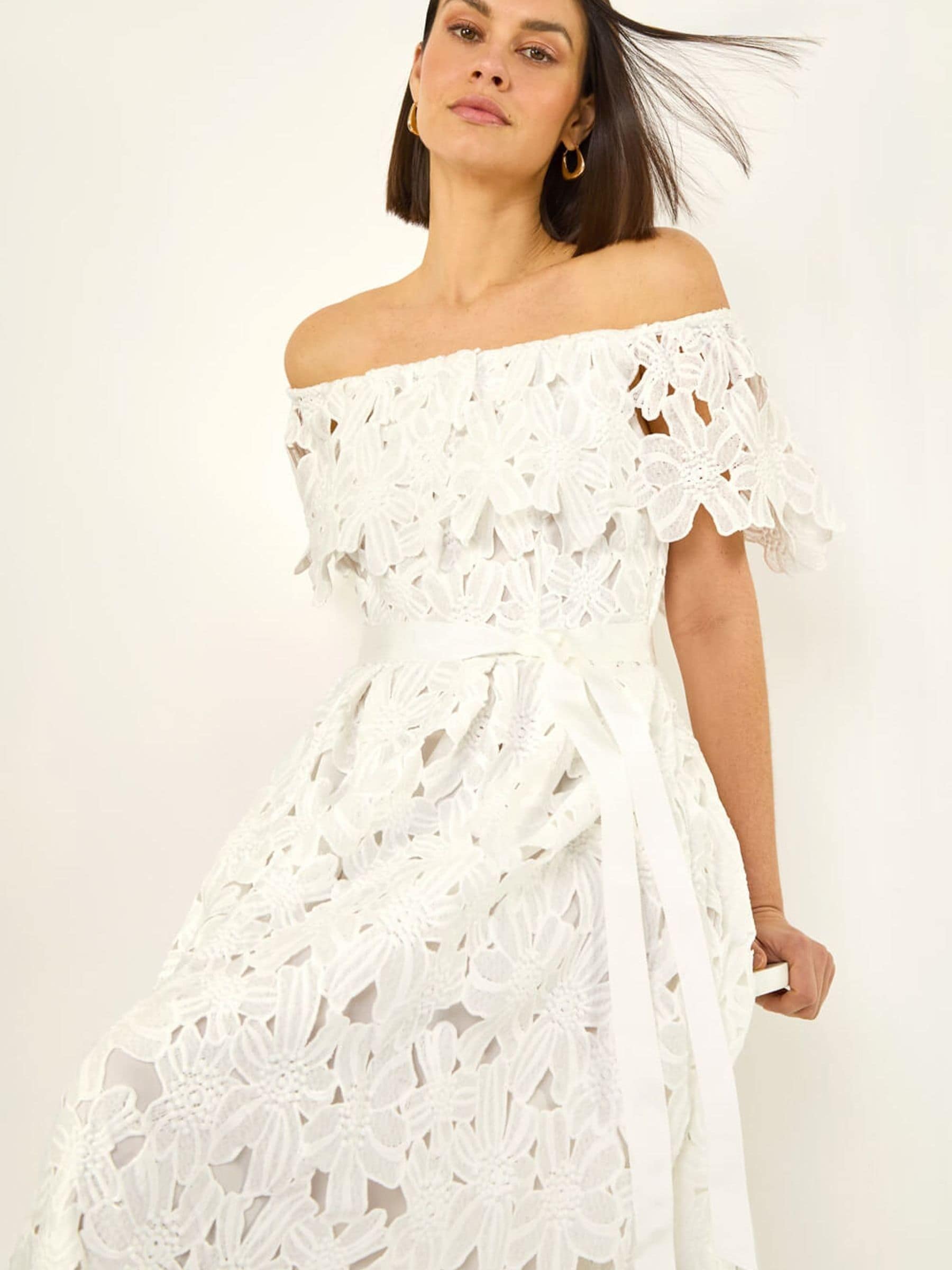 Buy Roman White Crochet Lace Bardot Midi Dress from Next USA