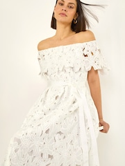 Roman White Crochet Lace Bardot Midi Dress - Image 2 of 6