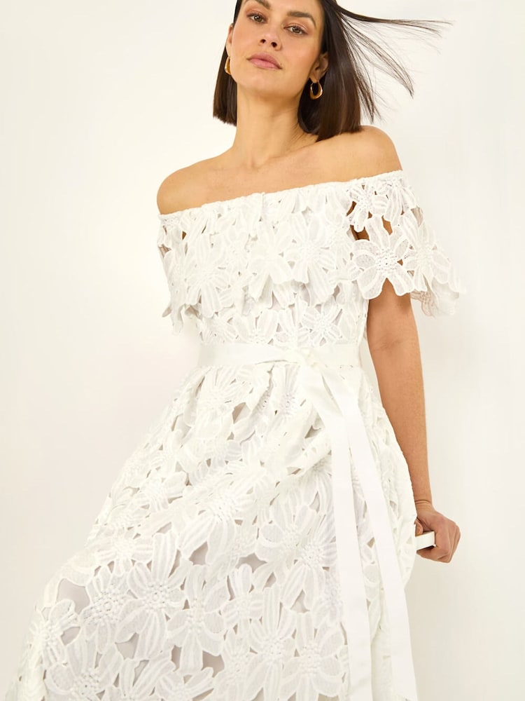 Roman White Crochet Lace Bardot Midi Dress - Image 2 of 6