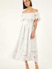 Roman White Crochet Lace Bardot Midi Dress - Image 3 of 6
