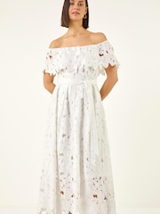 Roman White Crochet Lace Bardot Midi Dress - Image 5 of 6