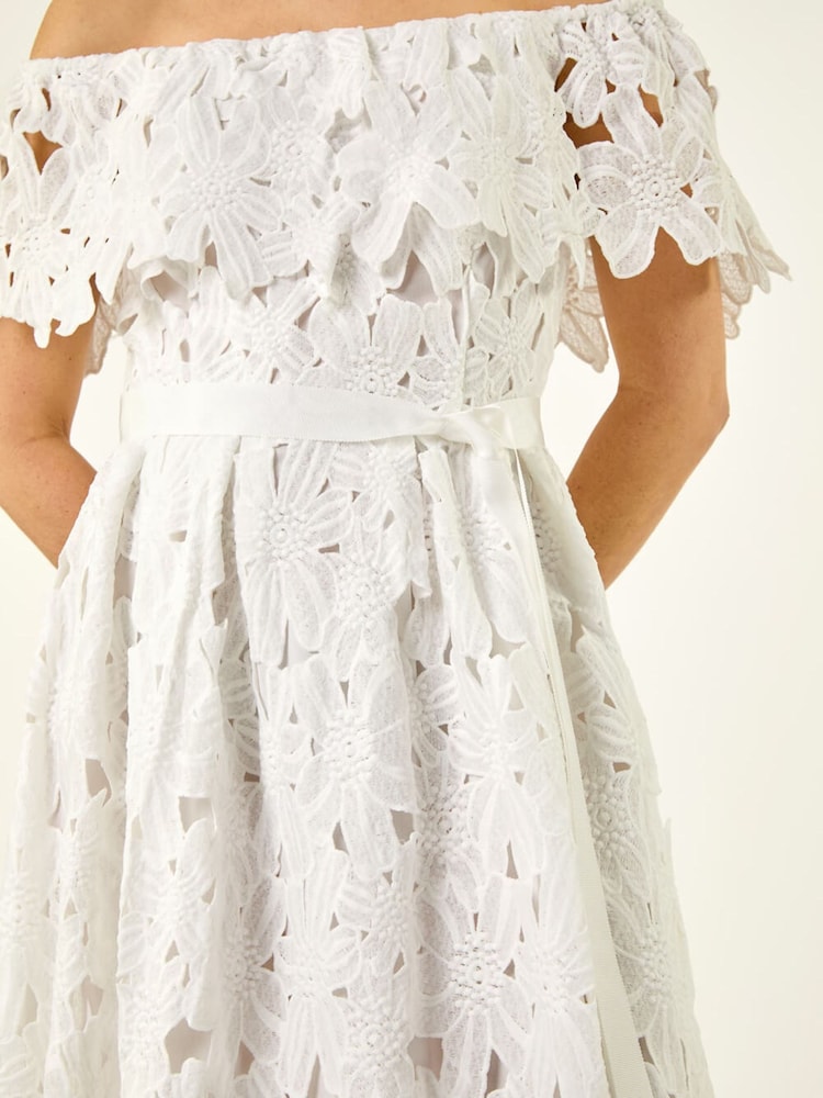 Roman White Crochet Lace Bardot Midi Dress - Image 6 of 6