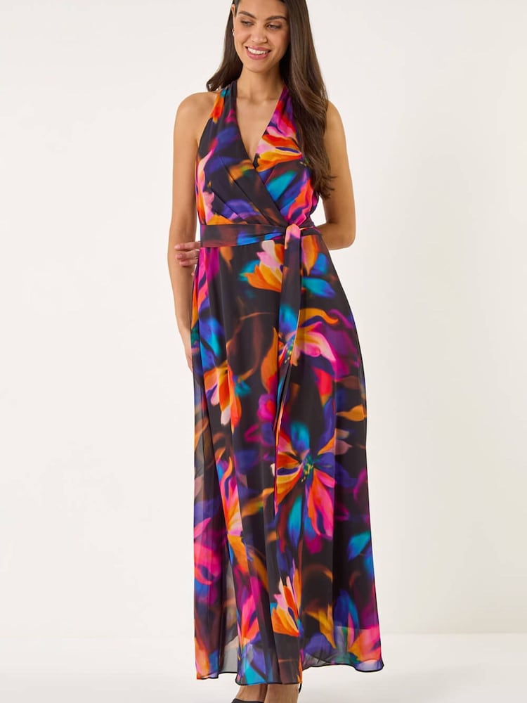 Roman Black Floral Halter Dress - Image 1 of 5 Roman Black Floral Halter Dress - Image 1 of 5