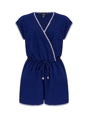 Pour Moi Blue Raya Cotton Slub Jersey Blanket Stitch Playsuit - Image 3 of 4