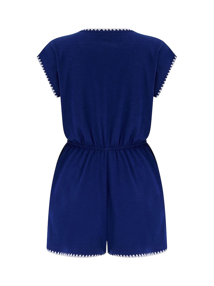 Pour Moi Blue Raya Cotton Slub Jersey Blanket Stitch Playsuit - Image 4 of 4