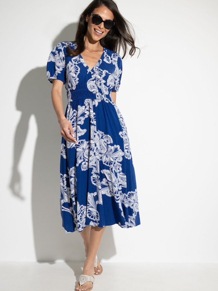 Pour Moi Blue Danielle Elasticated Chanel Tiered Midi Dress - Image 1 of 4 Pour Moi Blue Danielle Elasticated Chanel Tiered Midi Dress - Image 1 of 4