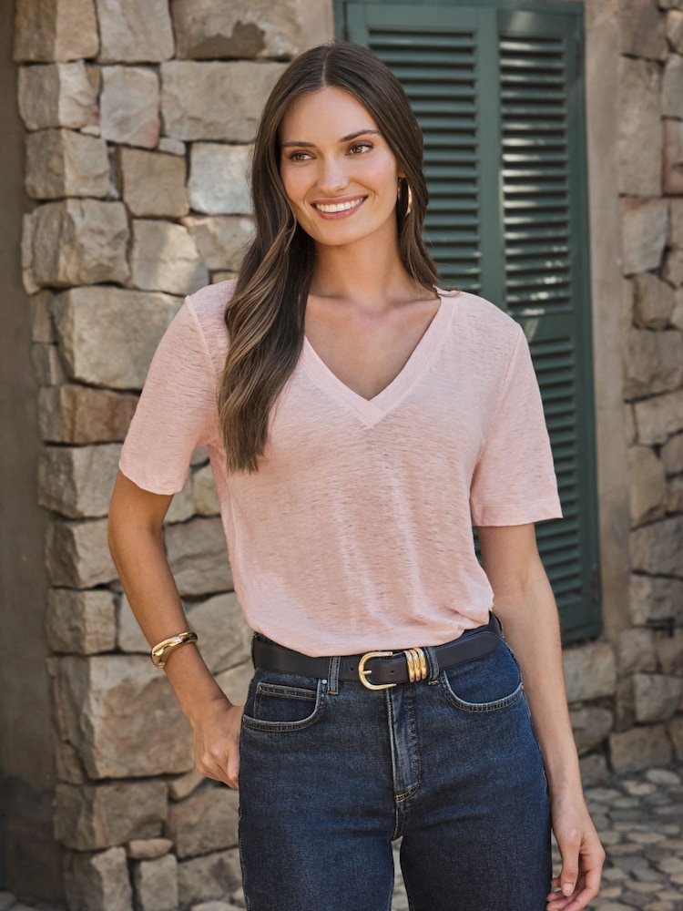 Pure Collection Pink Linen Short Sleeved V-Neck Top - Image 1 of 3