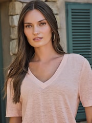 Pure Collection Pink Linen Short Sleeved V-Neck Top - Image 3 of 3