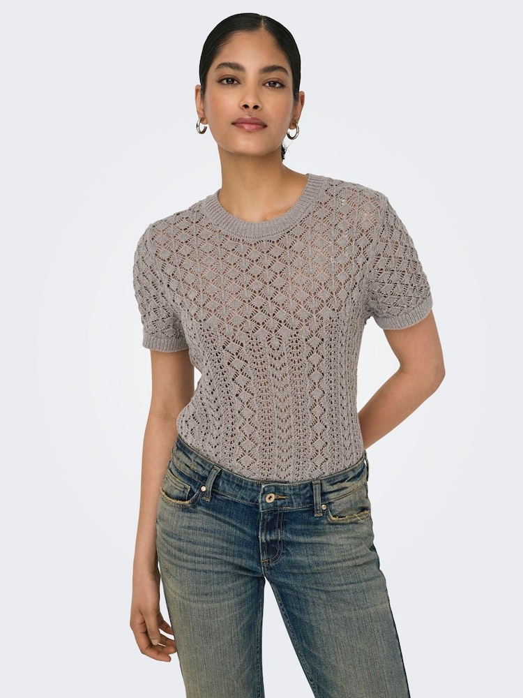 ONLY Grey Short Sleeved Crochet T-Shirt - Image 1 of 2 ONLY Grey Short Sleeved Crochet T-Shirt - Image 1 of 2