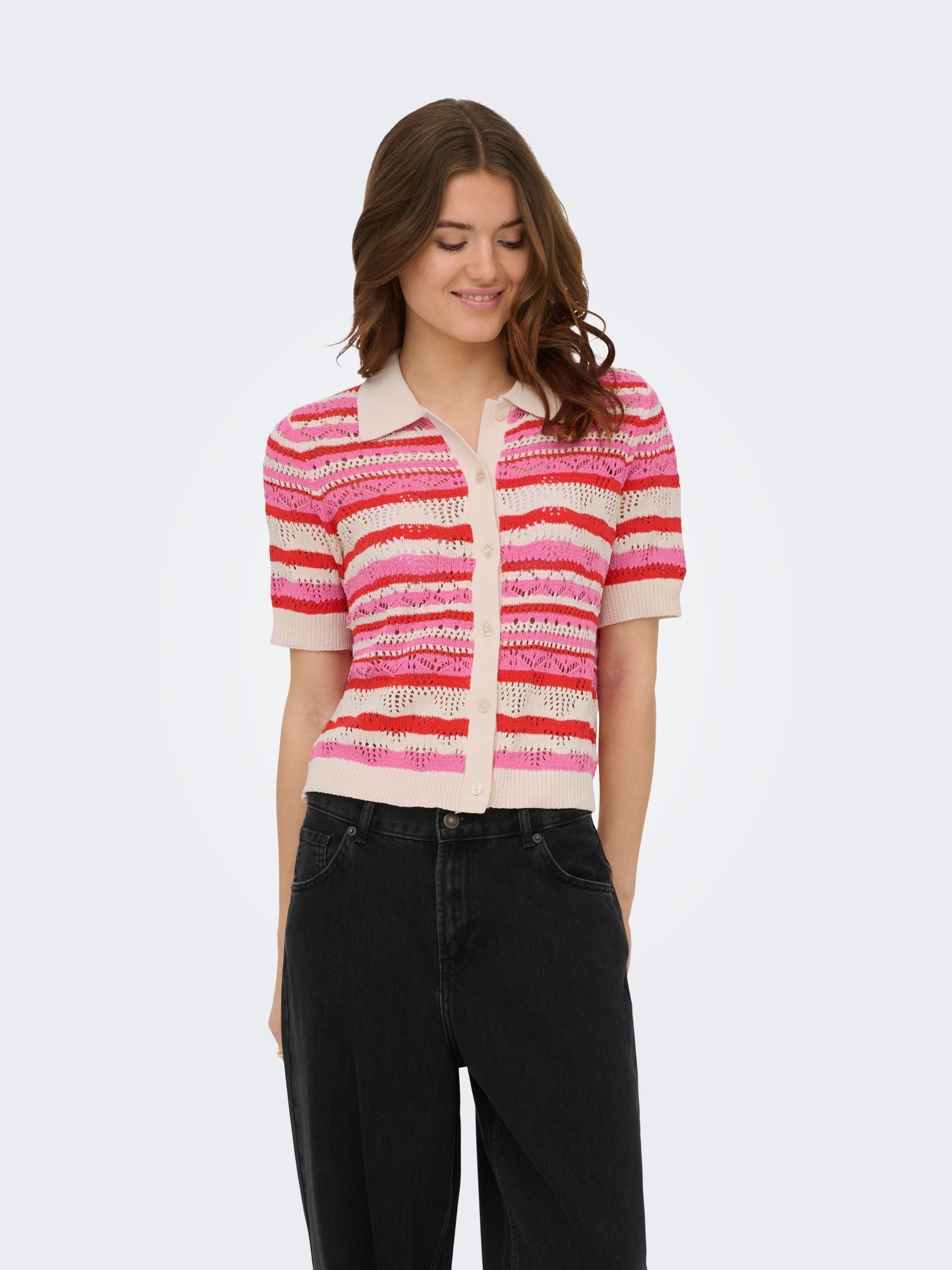 Only Women's Red Pink Short Sleeve Button Through Knitted Polo Top