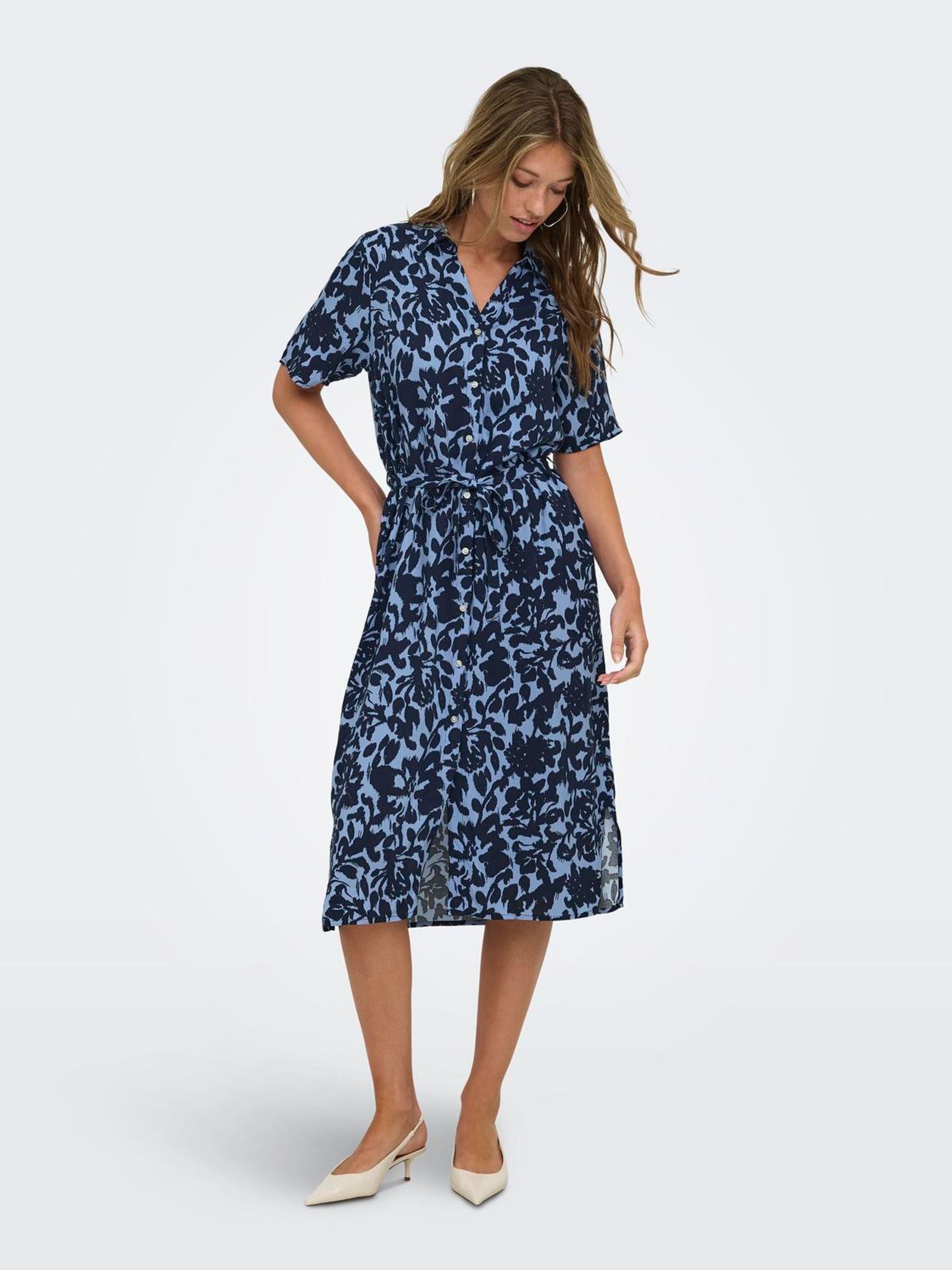 Buy ONLY Blue Short Sleeve Floral Button Through Midi Shirt Dress