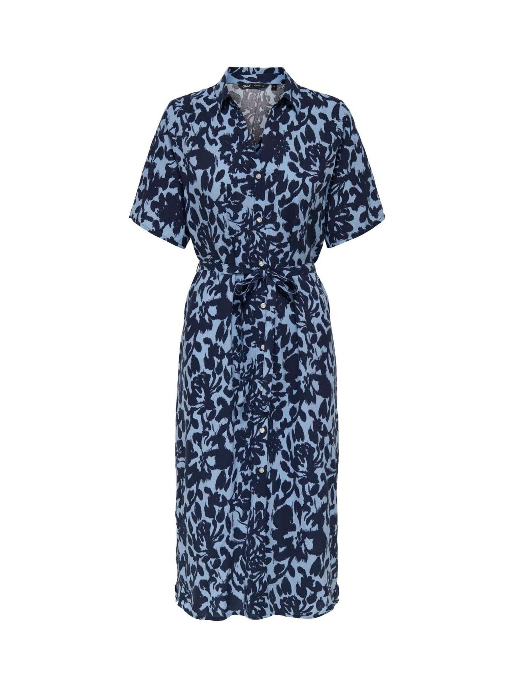 Buy ONLY Blue Short Sleeve Floral Button Through Midi Shirt Dress