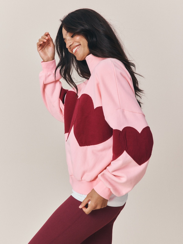 Little Bird by Jools Oliver Pink/Burgundy Applique 1/4 Zip Sweat Top - Image 2 of 4