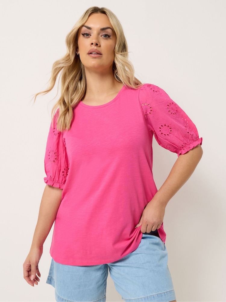Yours Curve Pink Broderie Anglaise T-Shirt - Image 1 of 5