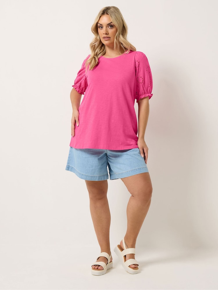 Yours Curve Pink Broderie Anglaise T-Shirt - Image 2 of 5