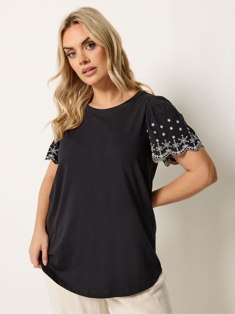 Yours Curve Black Angel Sleeve Embroidered T-Shirt - Image 1 of 5